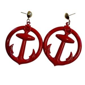 Retro Anchor Hoop Red Earrings VTG statement 80s Pierced Enamel dangle Chunky